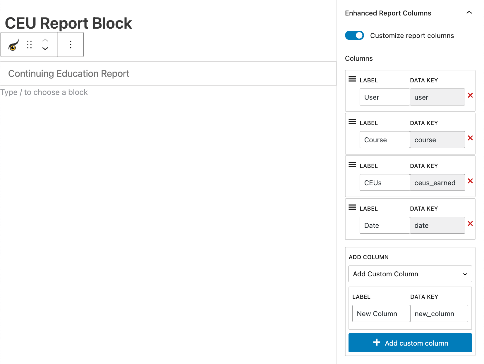 Enhanced report block - customize columns