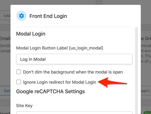 Front End Login ignore login redirect