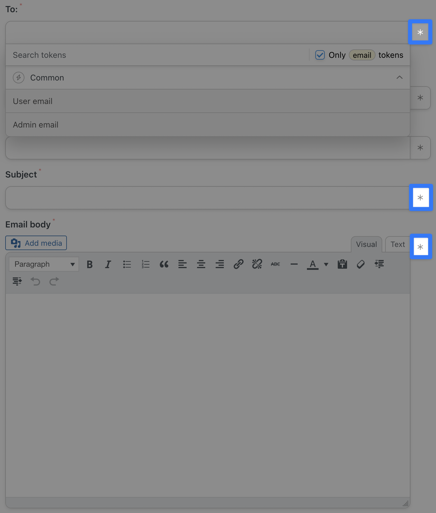 Automator Send a certificate Action Email Editor