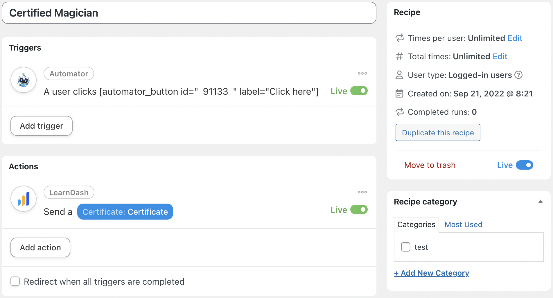 Automator Send a LearnDash Certificate from Magic Button Trigger