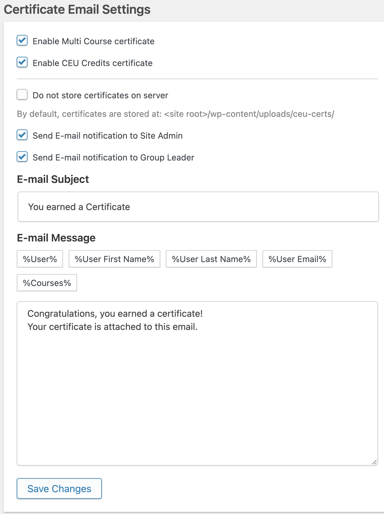 Uncanny CEUs Email Certificate Settings