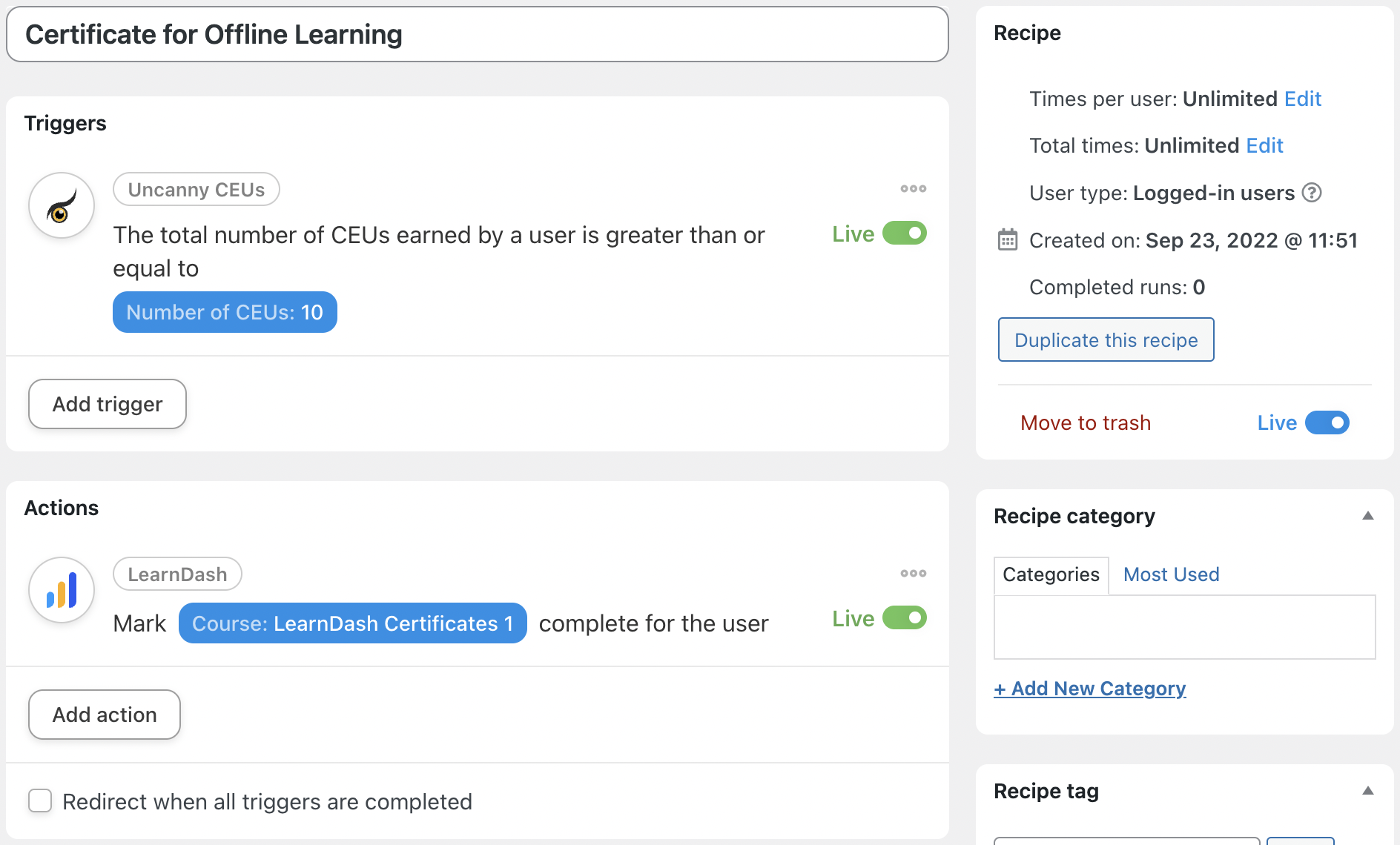 Automator LearnDash Certificate for Offline Learning Recipe Live