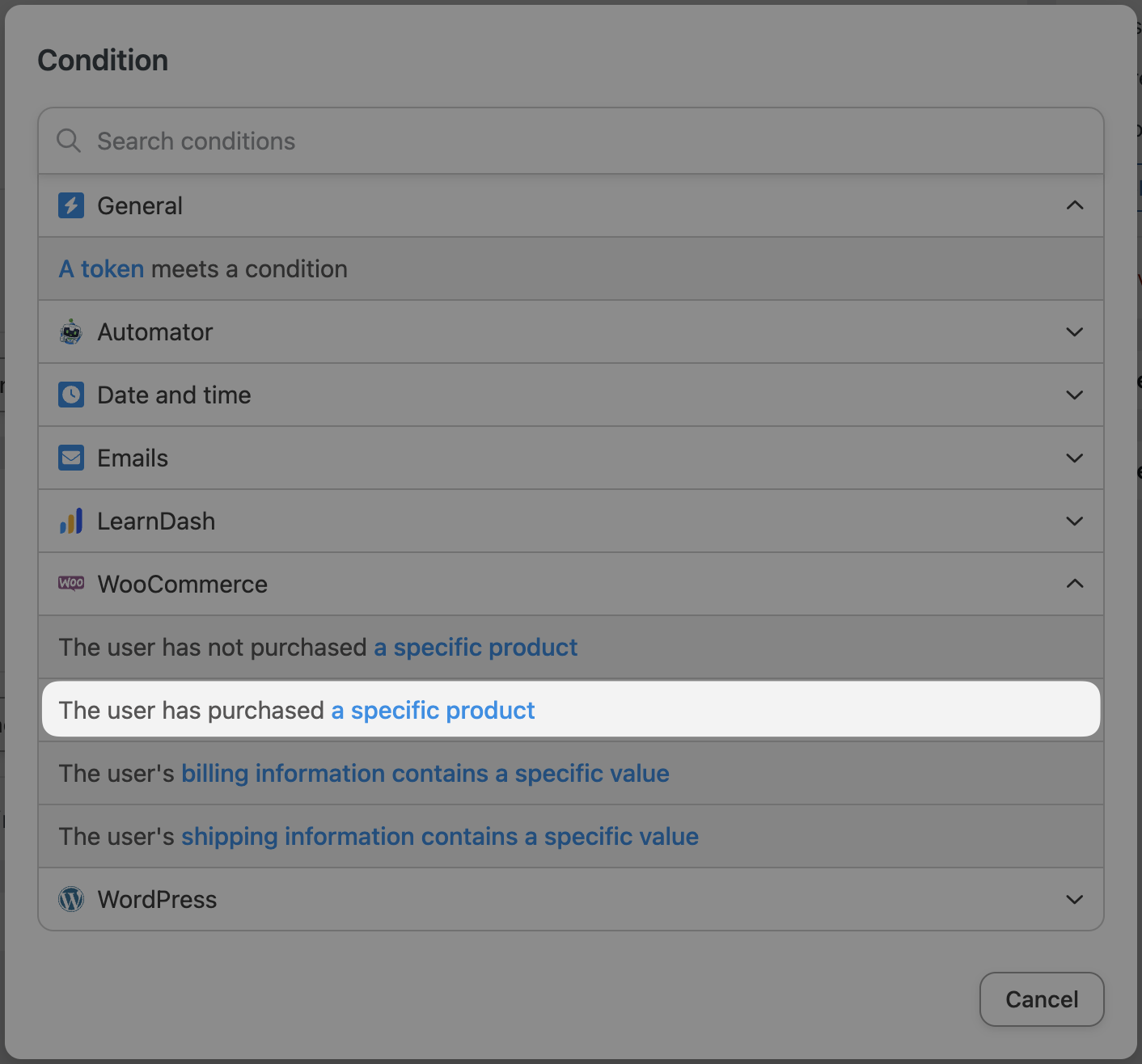 How to Create & Sell LearnDash & WooCommerce Promo Codes 36 — Automator LearnDash Actions Create a group WooCommerce Condition The user has purchased a specific product
