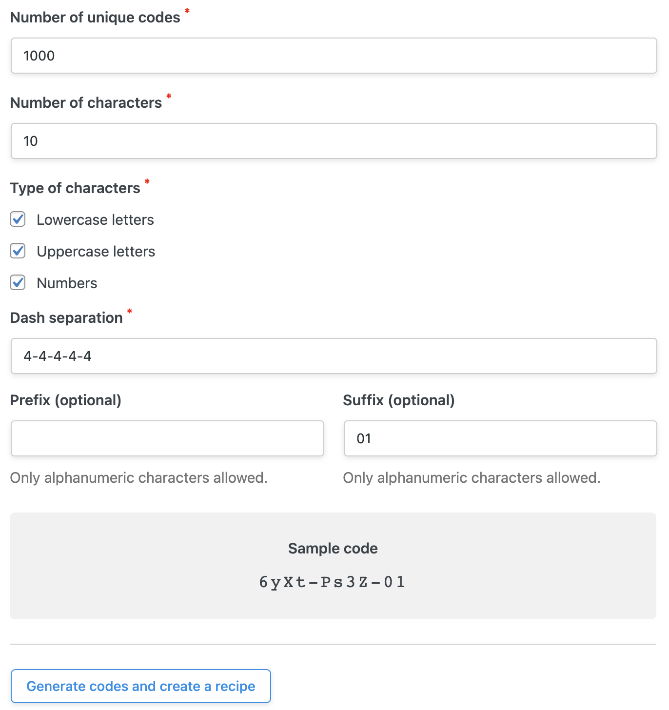 How to Create & Sell LearnDash & WooCommerce Promo Codes 6 — Uncanny Codes Code settings auto-generate codes fields