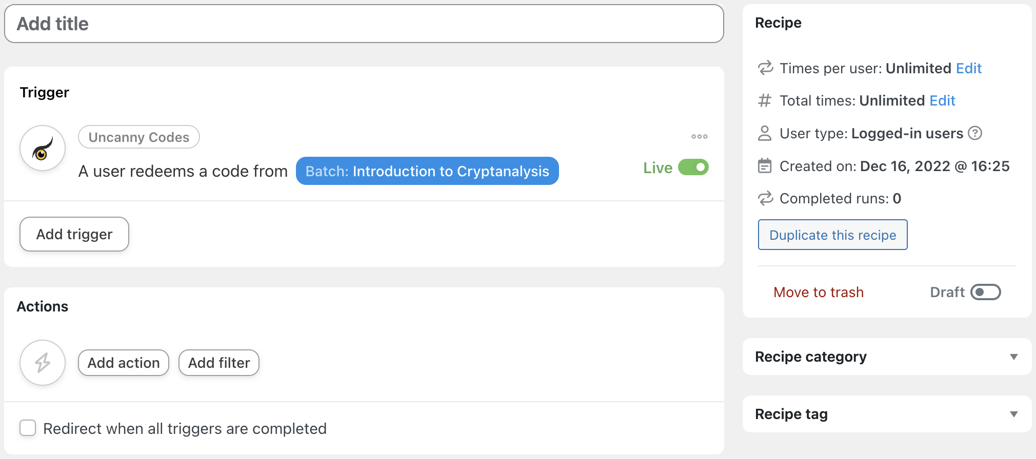 How to Create & Sell LearnDash & WooCommerce Promo Codes 7 — Uncanny Automator Uncanny Codes New Recipe Screen
