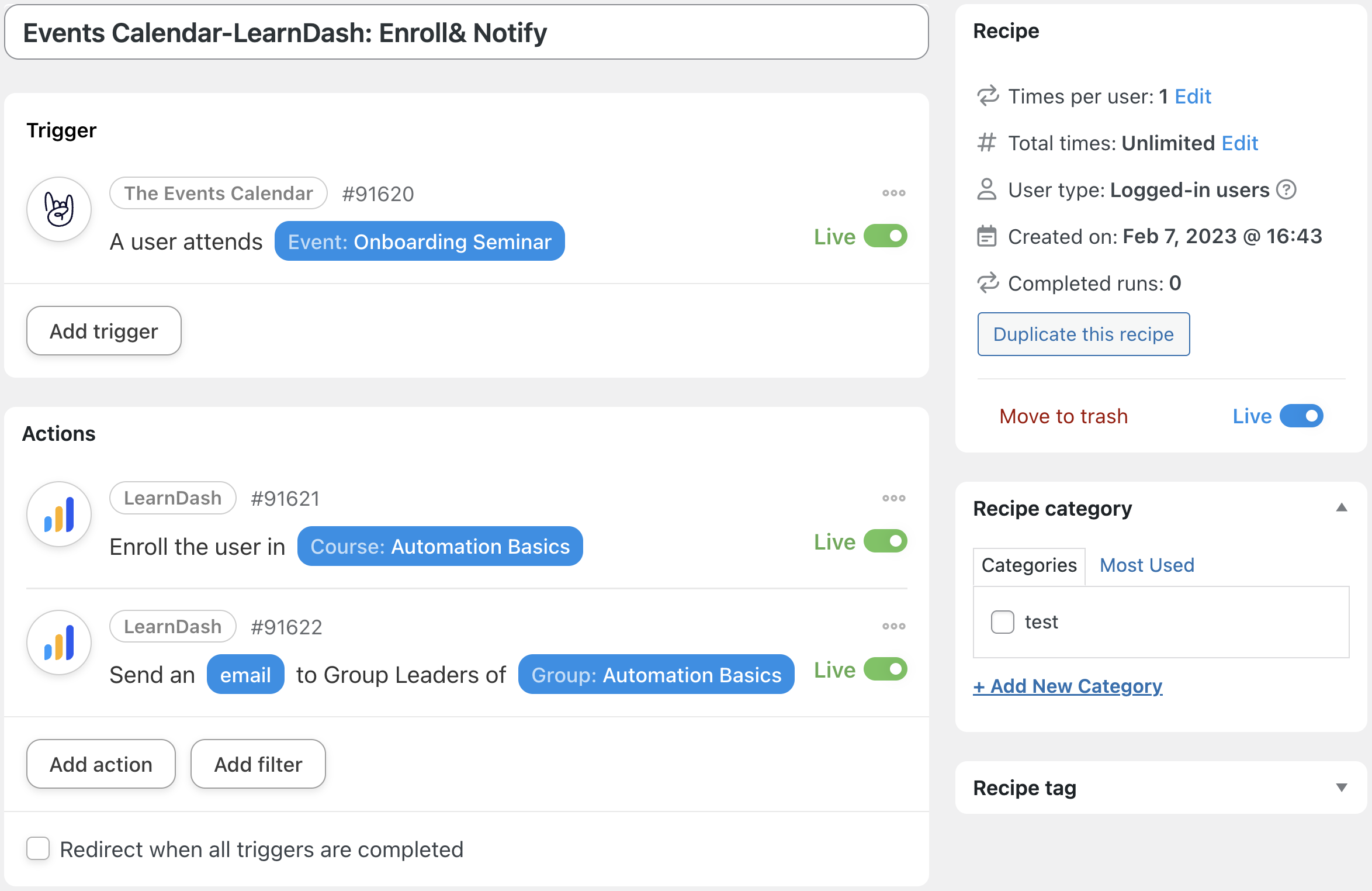 Better LearnDash Notifications Events Calendar/LearnDash recipe