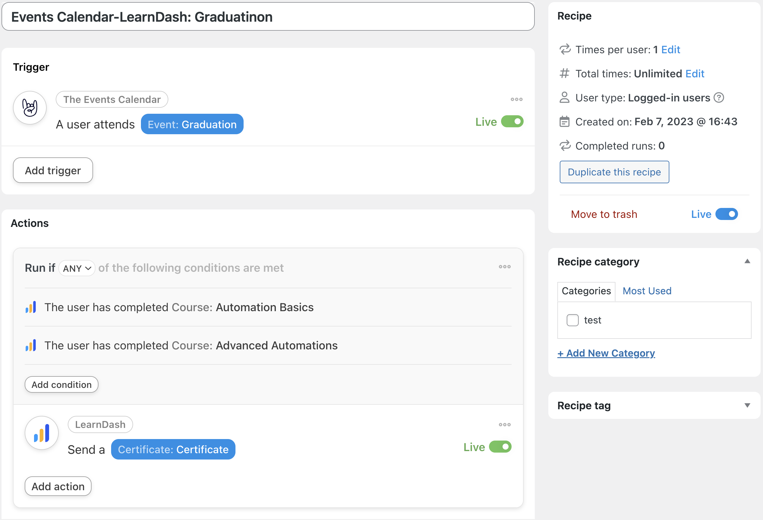 Better LearnDash Notifications Events Calendar/LearnDash recipe graduation