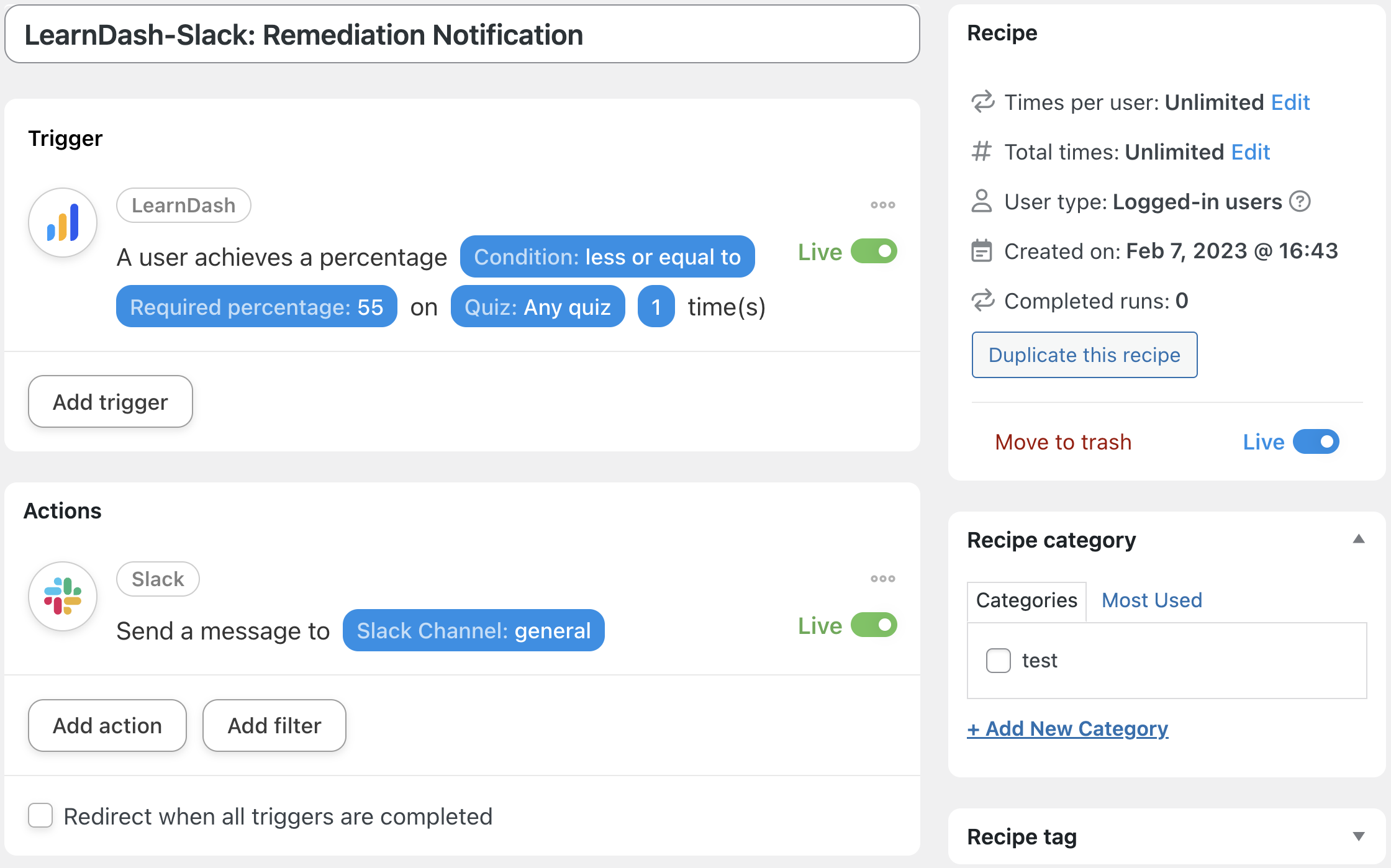 Better LearnDash Notifications LearnDash Slack recipe