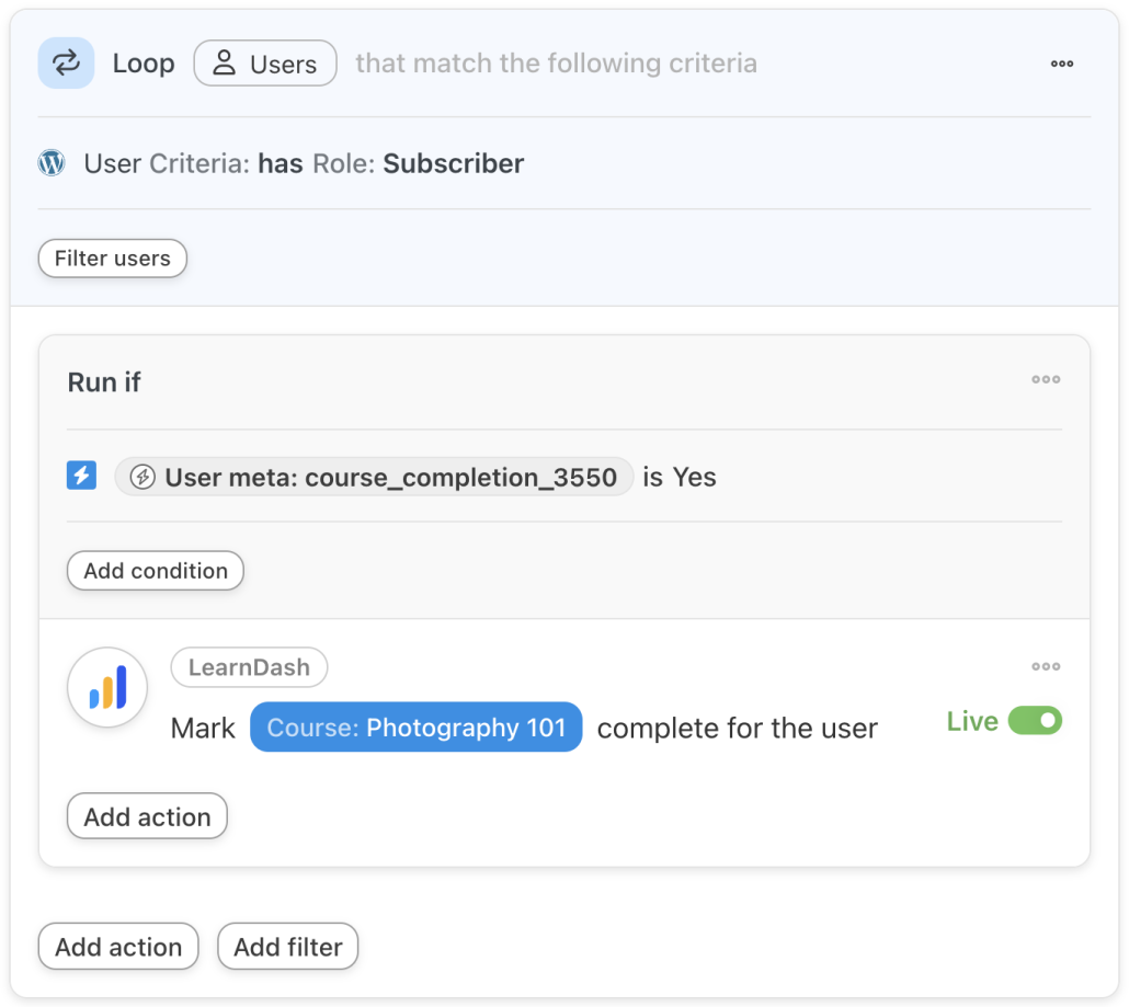 user-loop-learndash-action-mark-course-complete-with-filter-live